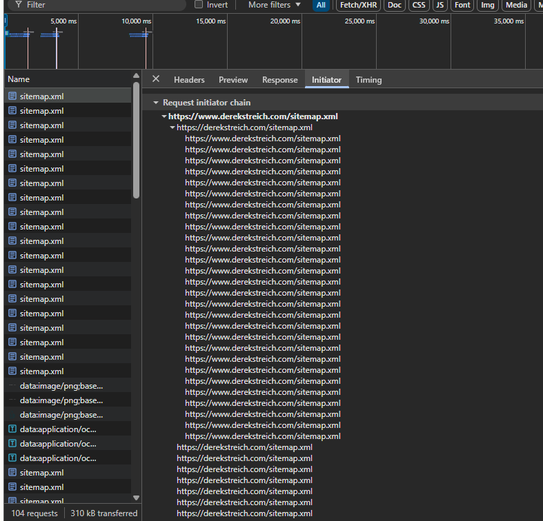 Derek Streich's Chrome DevTools showing infinite redirect chain between www and non-www domains