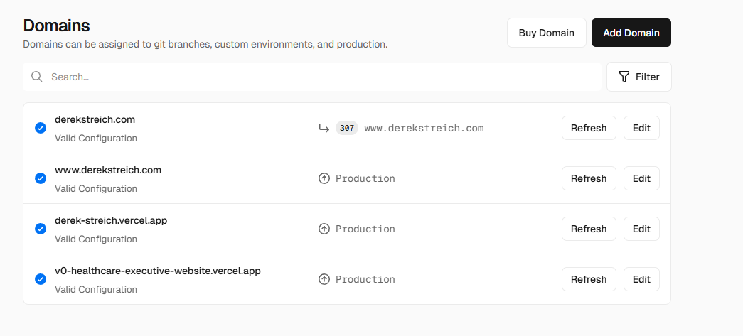 Vercel domain settings for DerekStreich.com showing www as primary domain